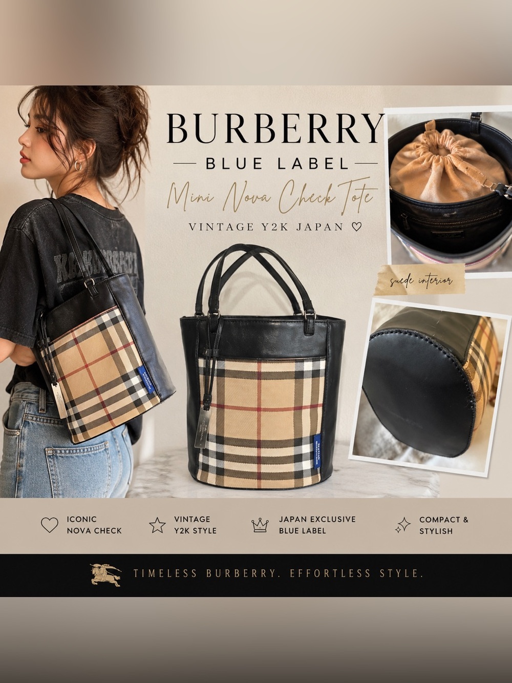Burberry Blue Label Mini Tote Bag Nova Check Black Vintage Y2K Japan